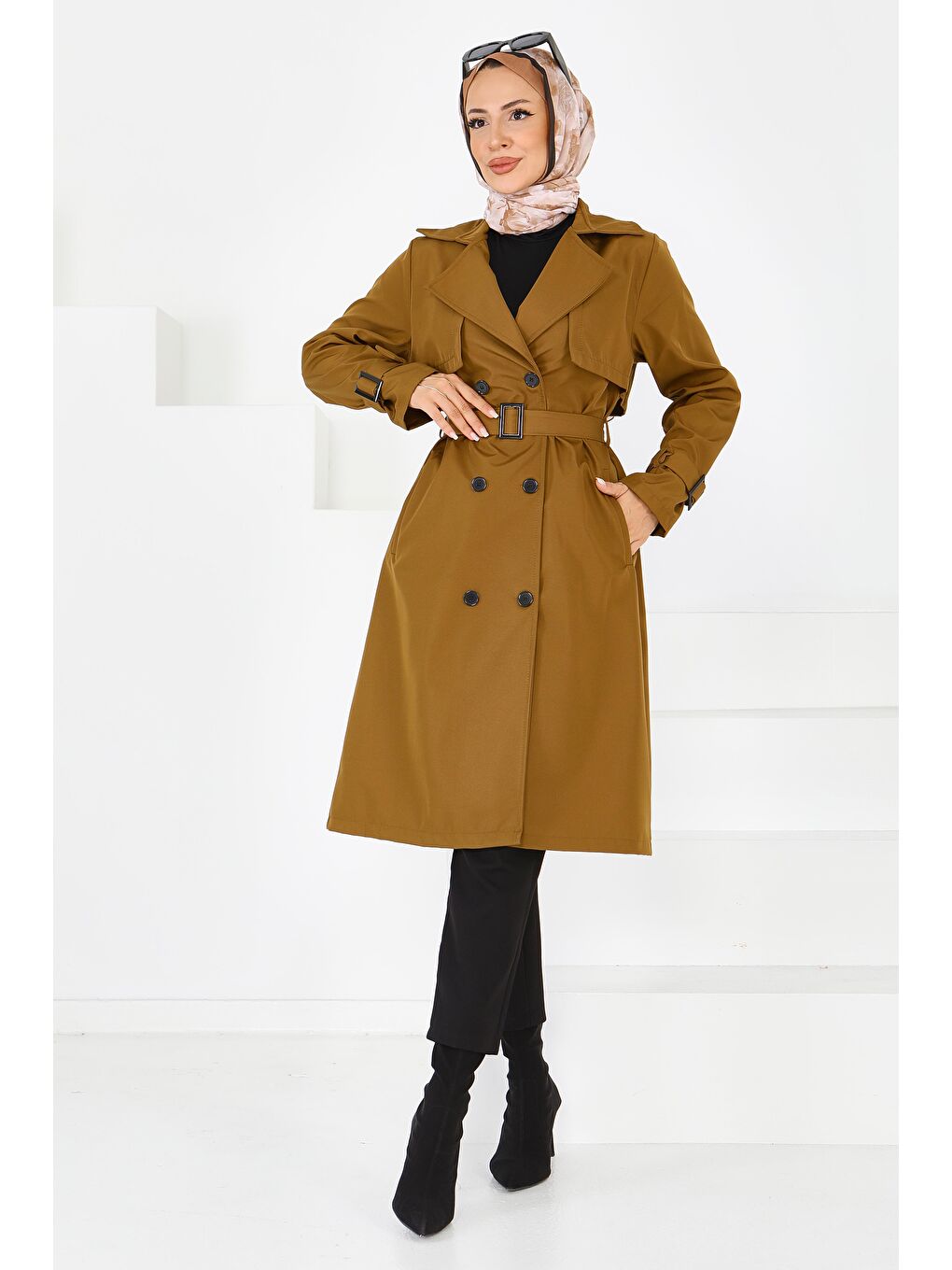 Kahverengi Kol Kemer Detaylı Düğmeli Miranda Treçkot Taba - 27599-1