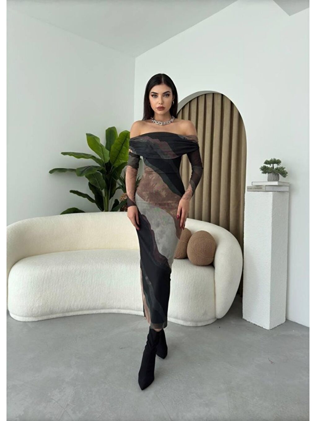 Bej Sevilla Madonna Yaka Tül Elbise-2