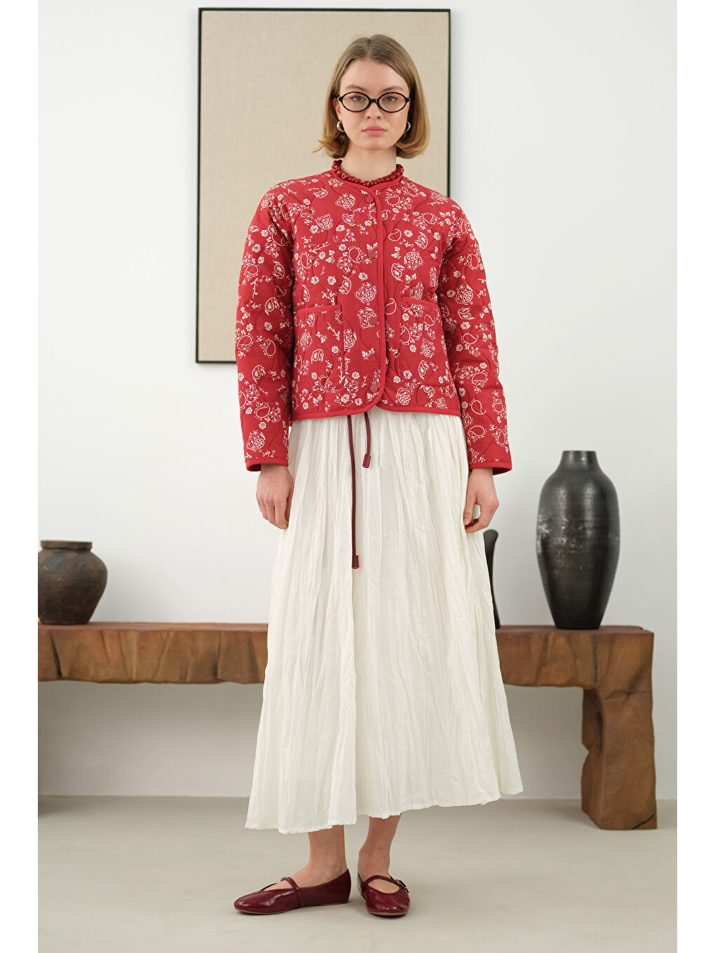 Kırmızı Kapitone Kısa Ceket Etnik Desen-2