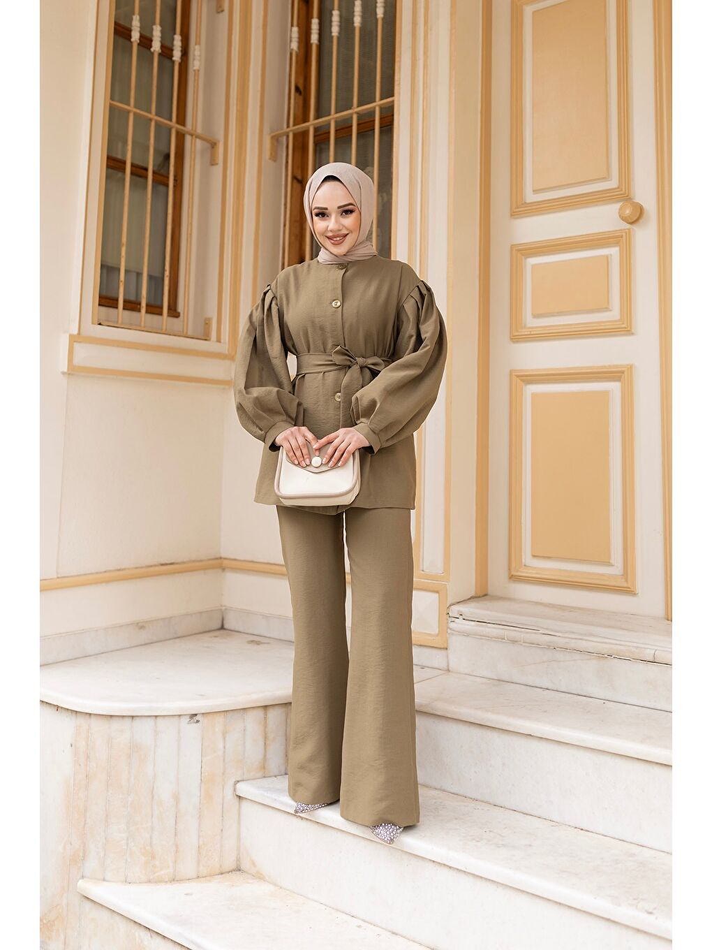 Kadın Pile Detaylı Kuşaklı İkili Takım  Yeşil-2