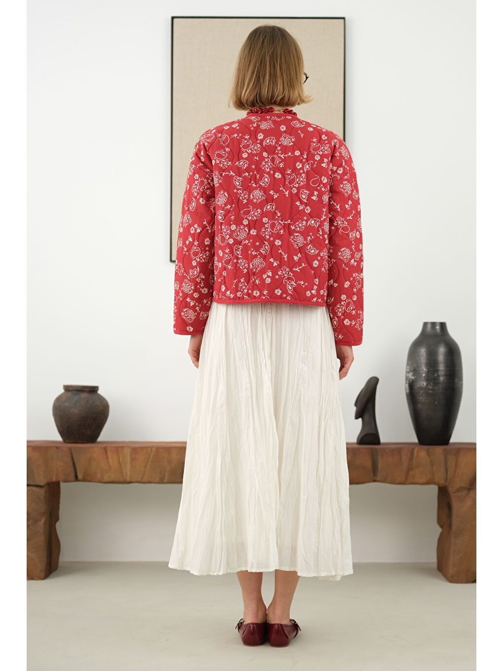 Kırmızı Kapitone Kısa Ceket Etnik Desen-3