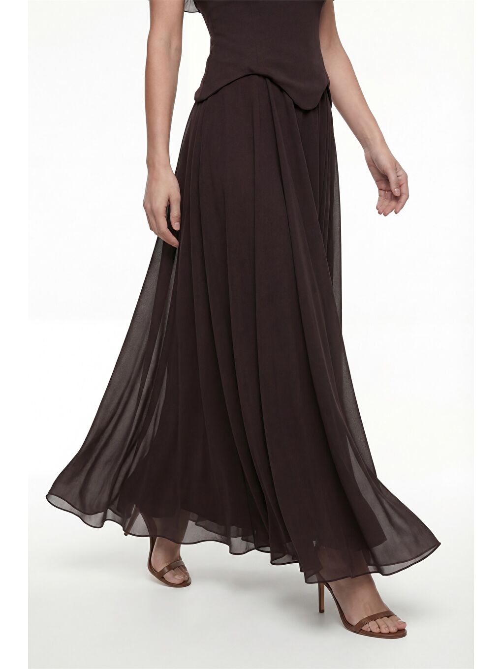 Kadın Kahverengi Fırfır Detaylı Uzun Söz Nişan Nikah Abiye Elbise-3