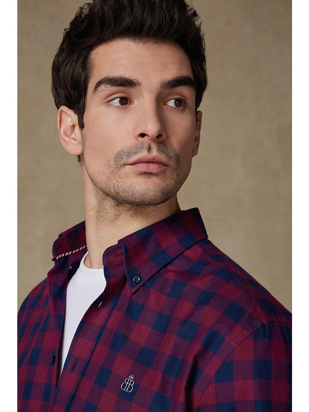 Luis Twill Pamuklu Comfort Fit Bordo Düğmeli Yaka Erkek Ekoseli %100 Pamuk Gömlek-3