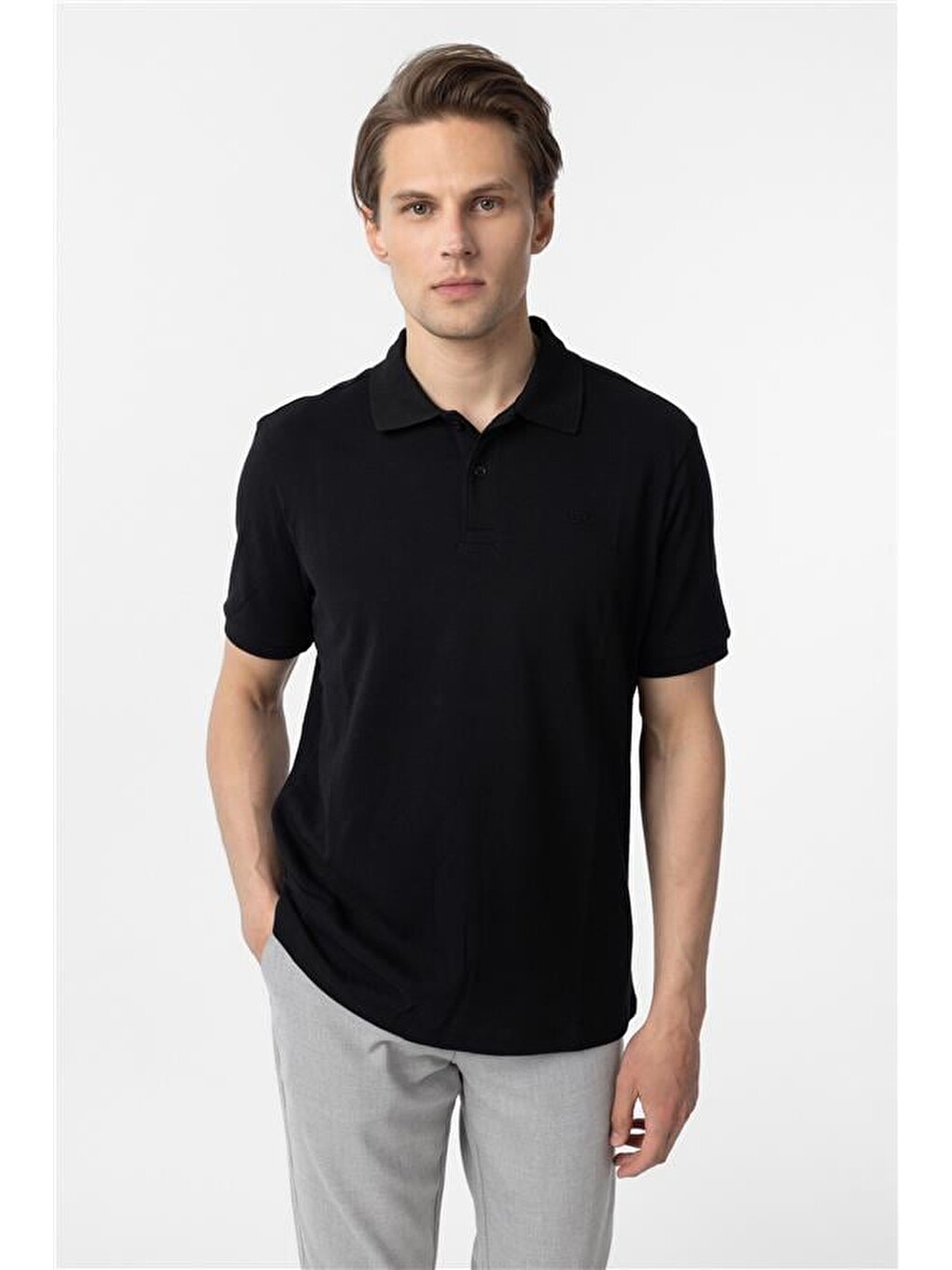 Siyah Regular Düz Polo Yaka Tişört-1