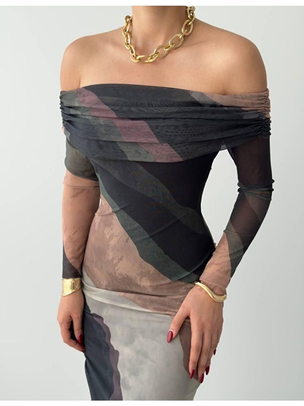 Bej Sevilla Madonna Yaka Tül Elbise-3