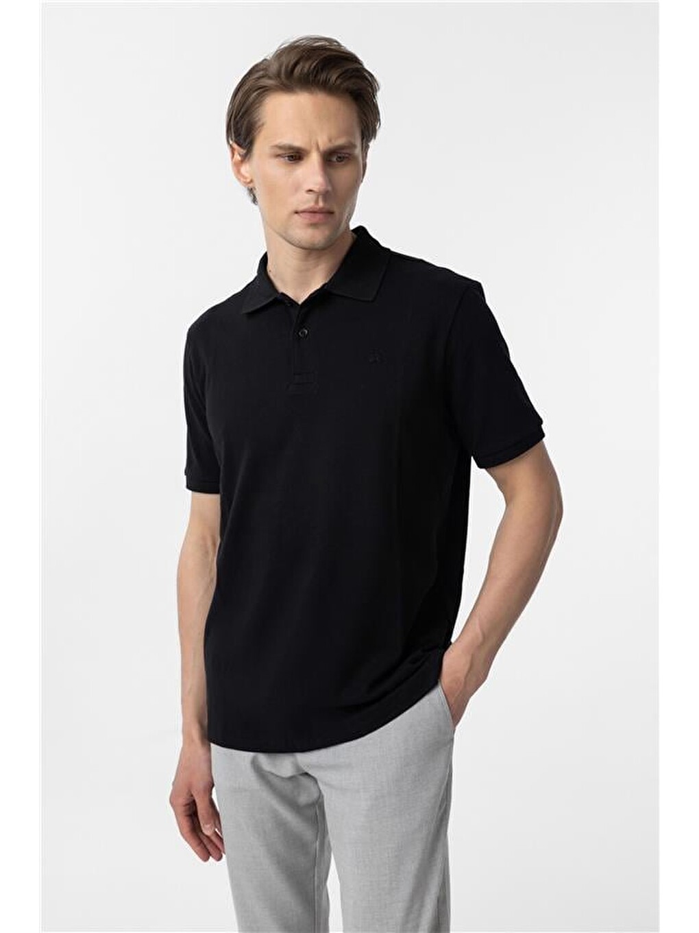 Siyah Regular Düz Polo Yaka Tişört-2