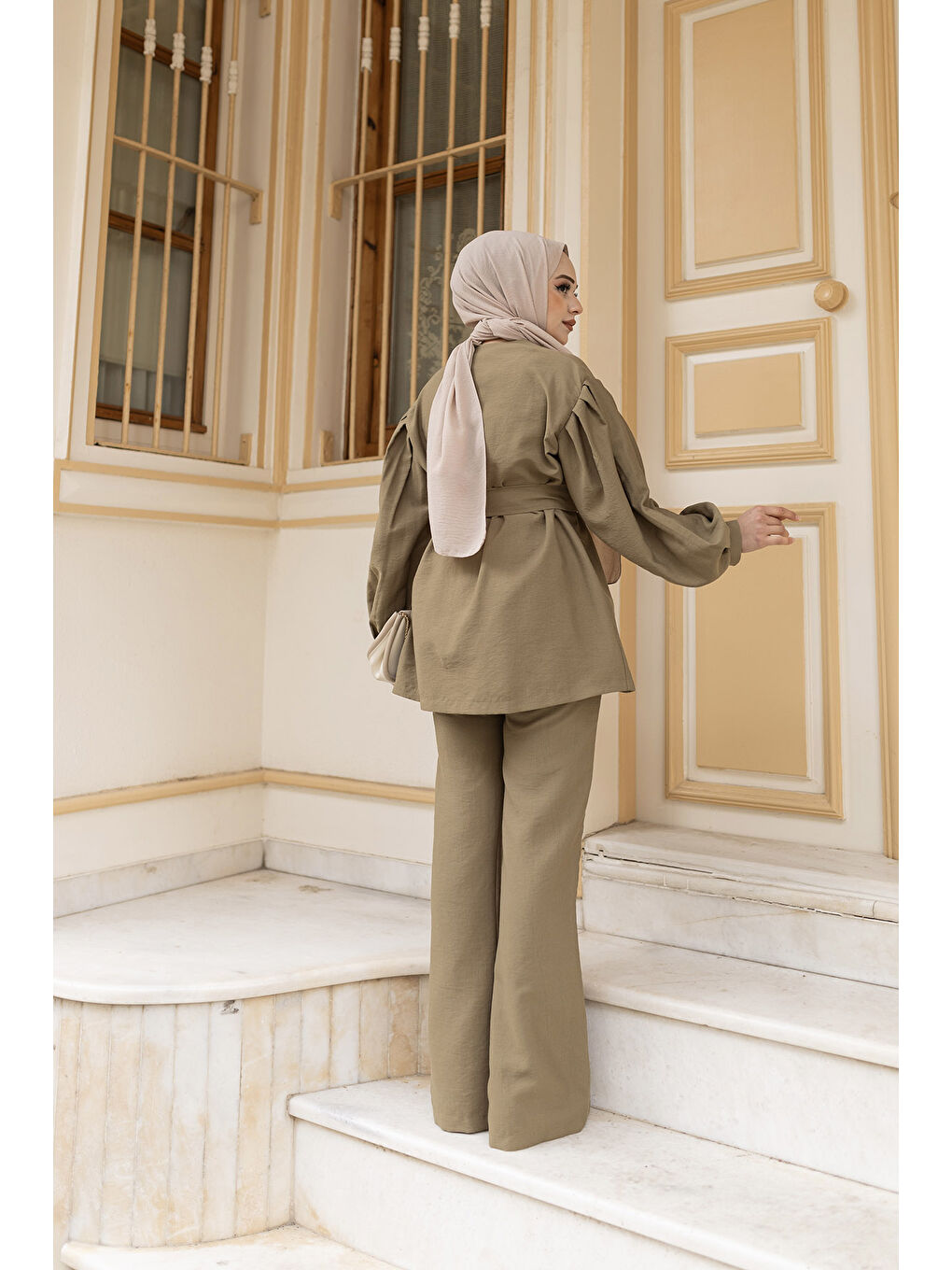 Kadın Pile Detaylı Kuşaklı İkili Takım  Yeşil-3