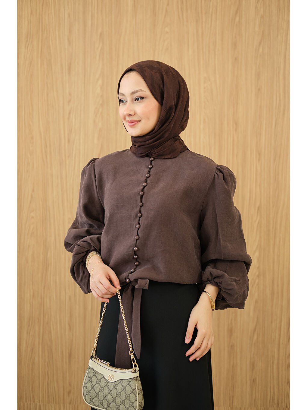 Kadın Geçirme Düğme Detay Bel Bağlamalı Gömlek Kahverengi-4