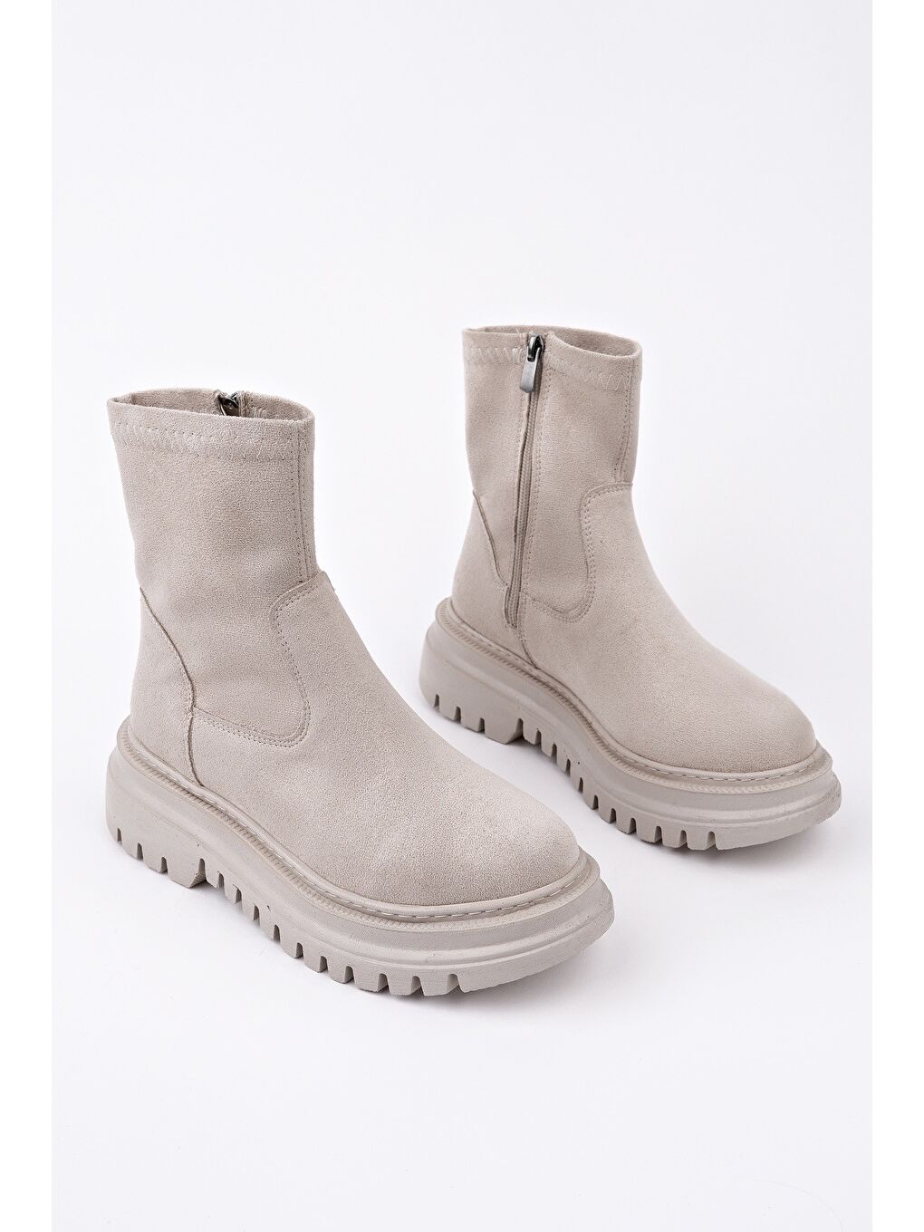 Bej SUEVA Süet Kalın Taban Fermuarlı Kadın Bot-1