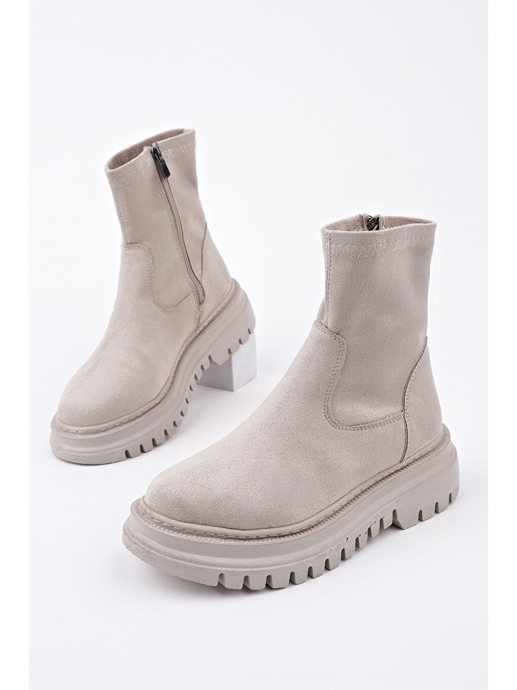 Bej SUEVA Süet Kalın Taban Fermuarlı Kadın Bot-2
