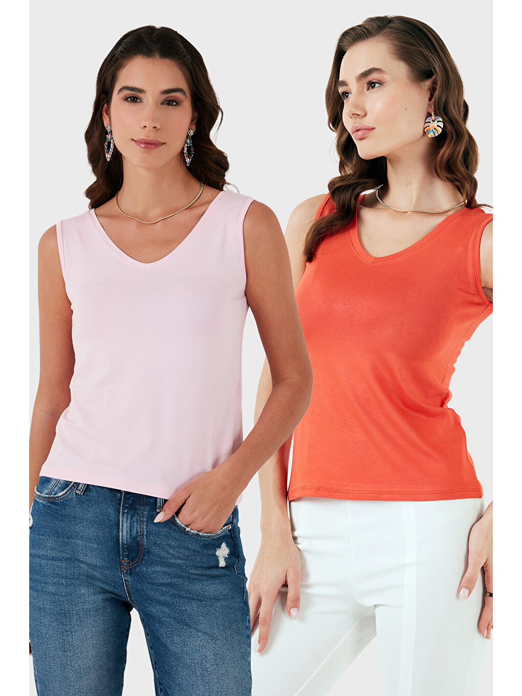 Kırmızı Slim Fit V Yaka Kalın Askılı 2' li Paket Kadın Bluz 5864384S2