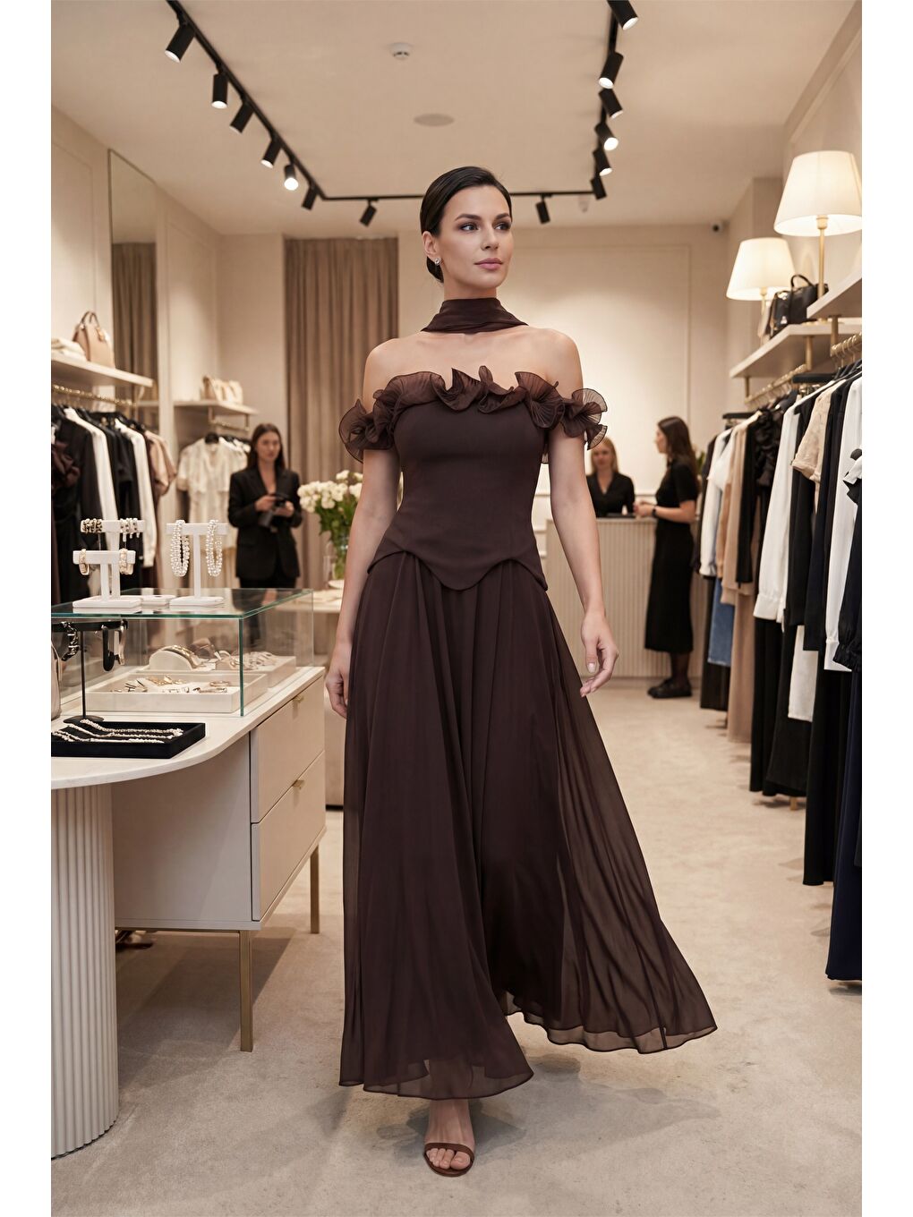 Kadın Kahverengi Fırfır Detaylı Uzun Söz Nişan Nikah Abiye Elbise-4