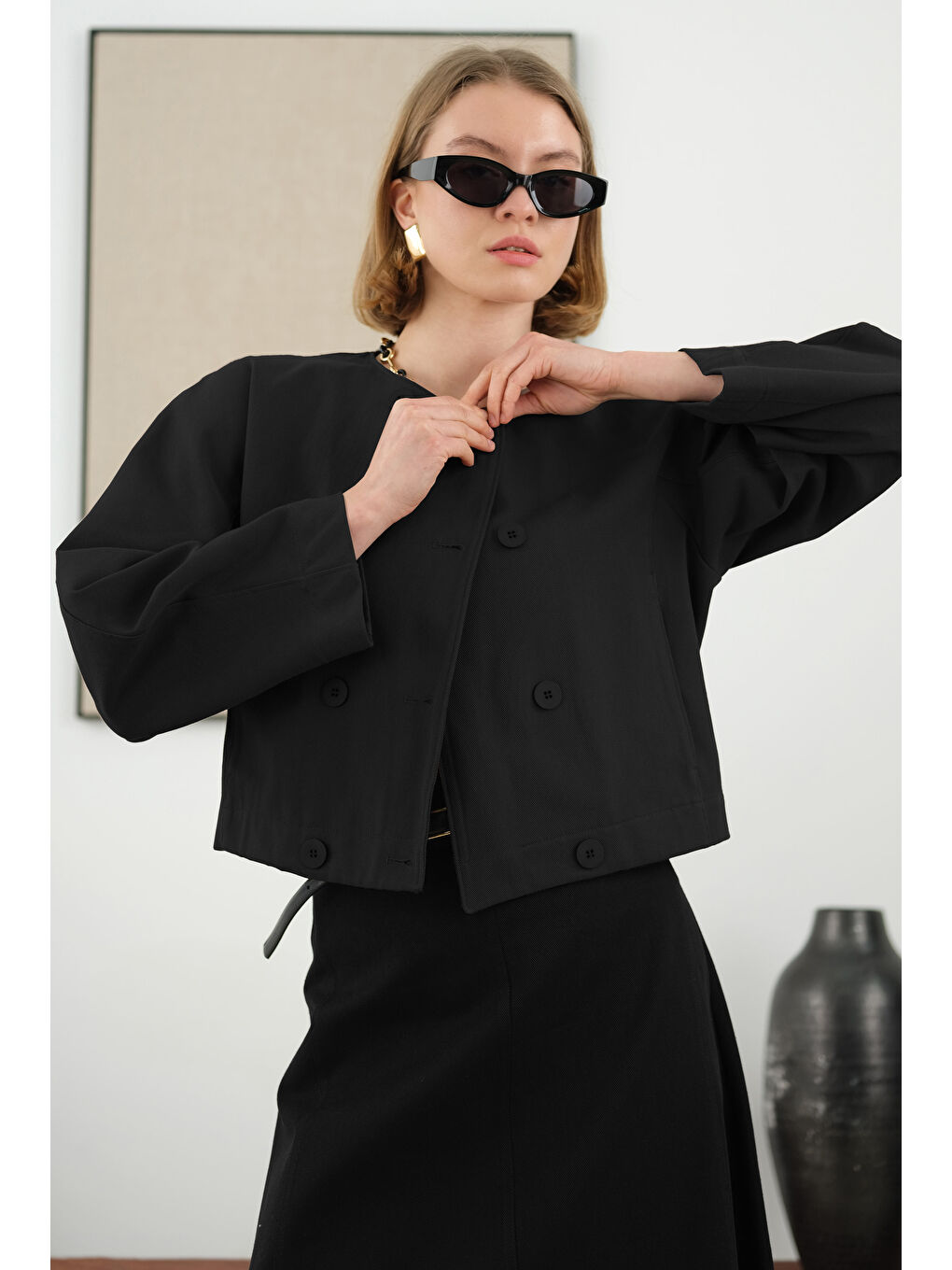 Pamuklu Kruvaze Ceket Siyah-2