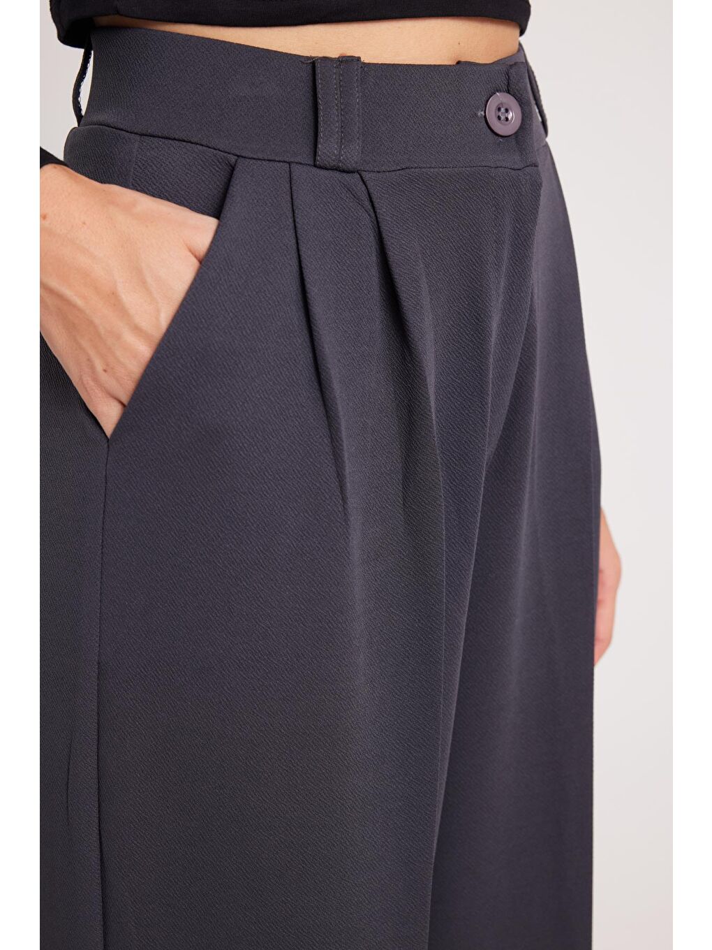 Kadın Regular Fit Klasik Kesim Yüksel Bel Geniş Paça Antrasit Pantolon-2