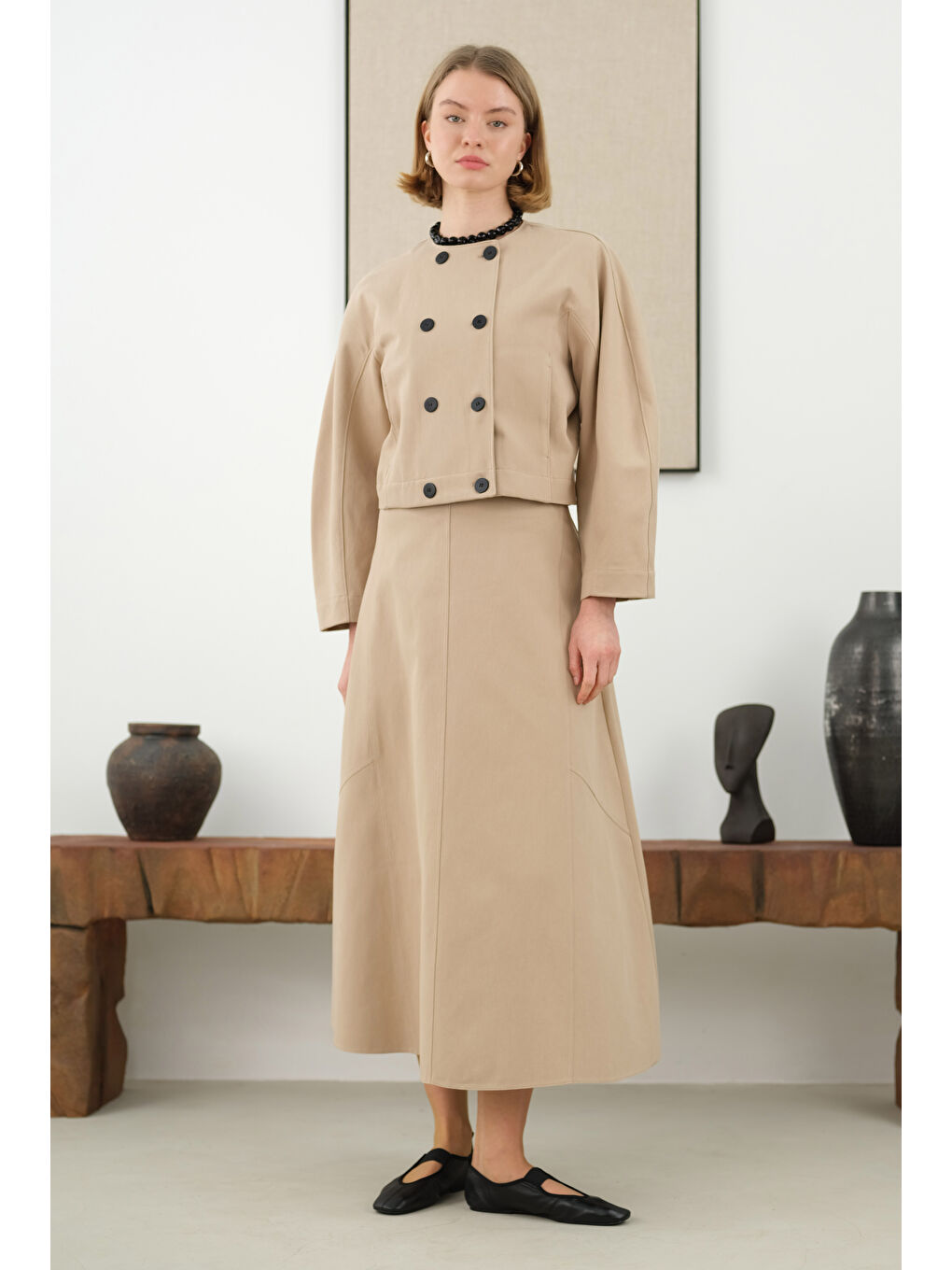 Bej Pamuklu Kruvaze Ceket Mat Vizon-1