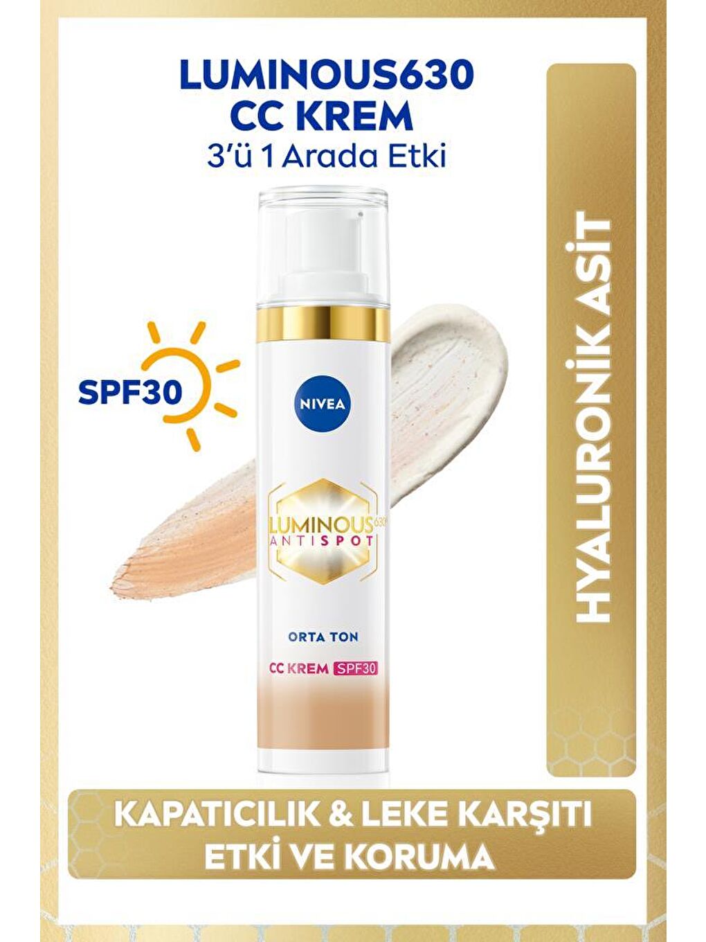 NIVEA Luminous630 Koyu Leke Karşıtı CC Yüz Kremi 40ml, SPF30 Güneş Koruyucu, Hyaluronik Asit, Orta Ton