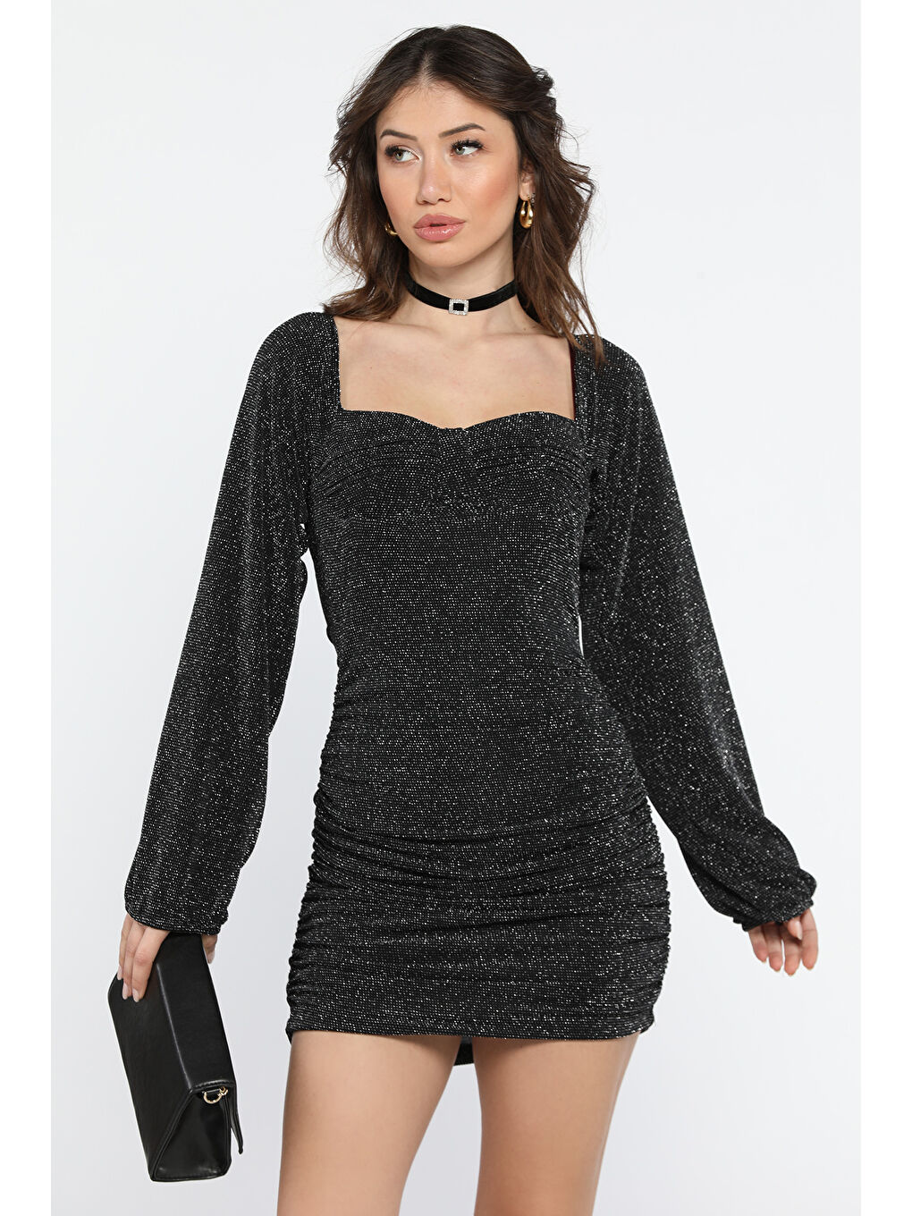 Siyah Kadın Yan Büzgülü Işıltılı Elastanlı Elbise-1