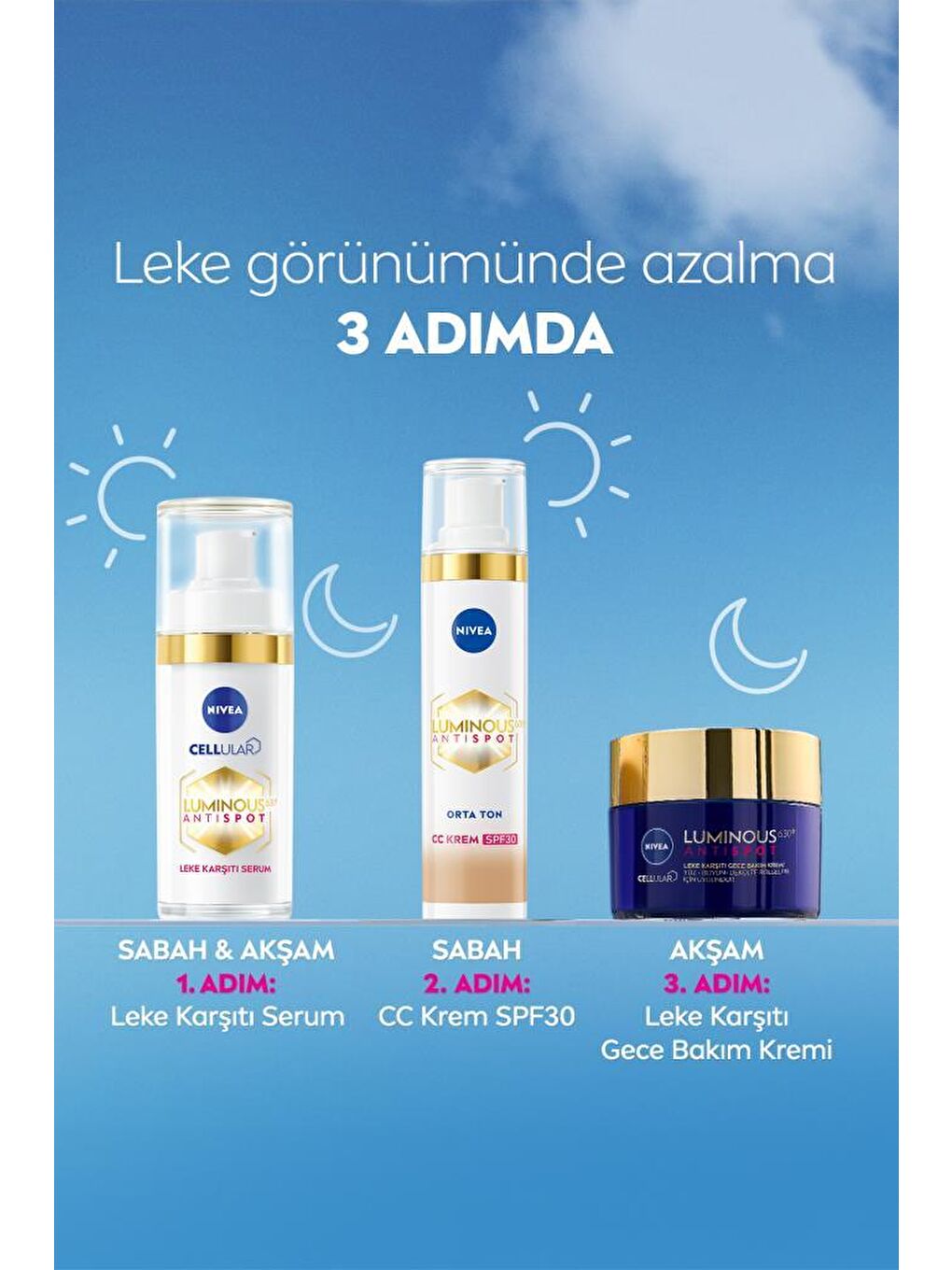 NIVEA Luminous630 Koyu Leke Karşıtı CC Yüz Kremi 40ml, SPF30 Güneş Koruyucu, Hyaluronik Asit, Orta Ton - 7