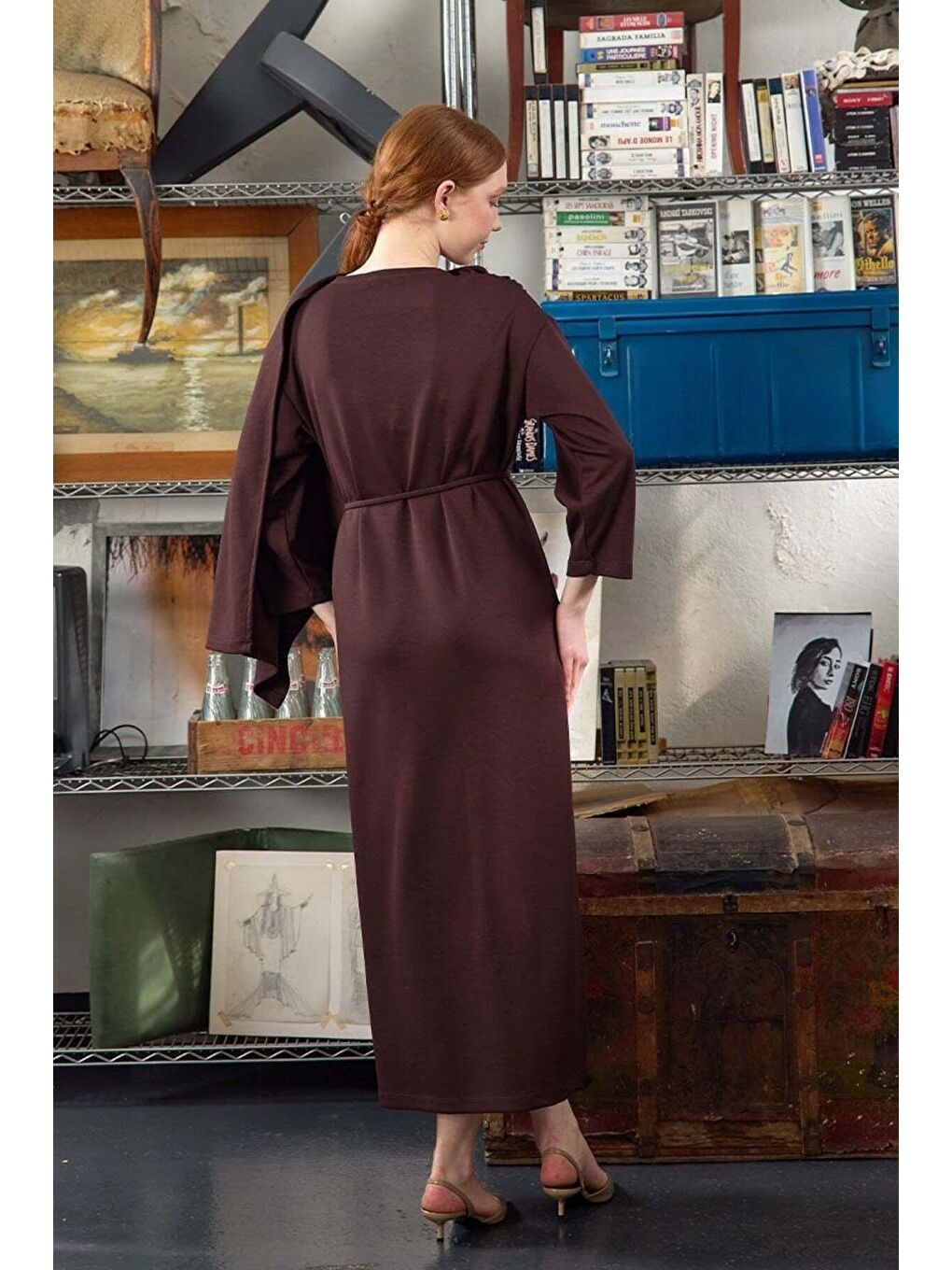 Kahverengi Acı Kahve Şal Yaka Elbise-1