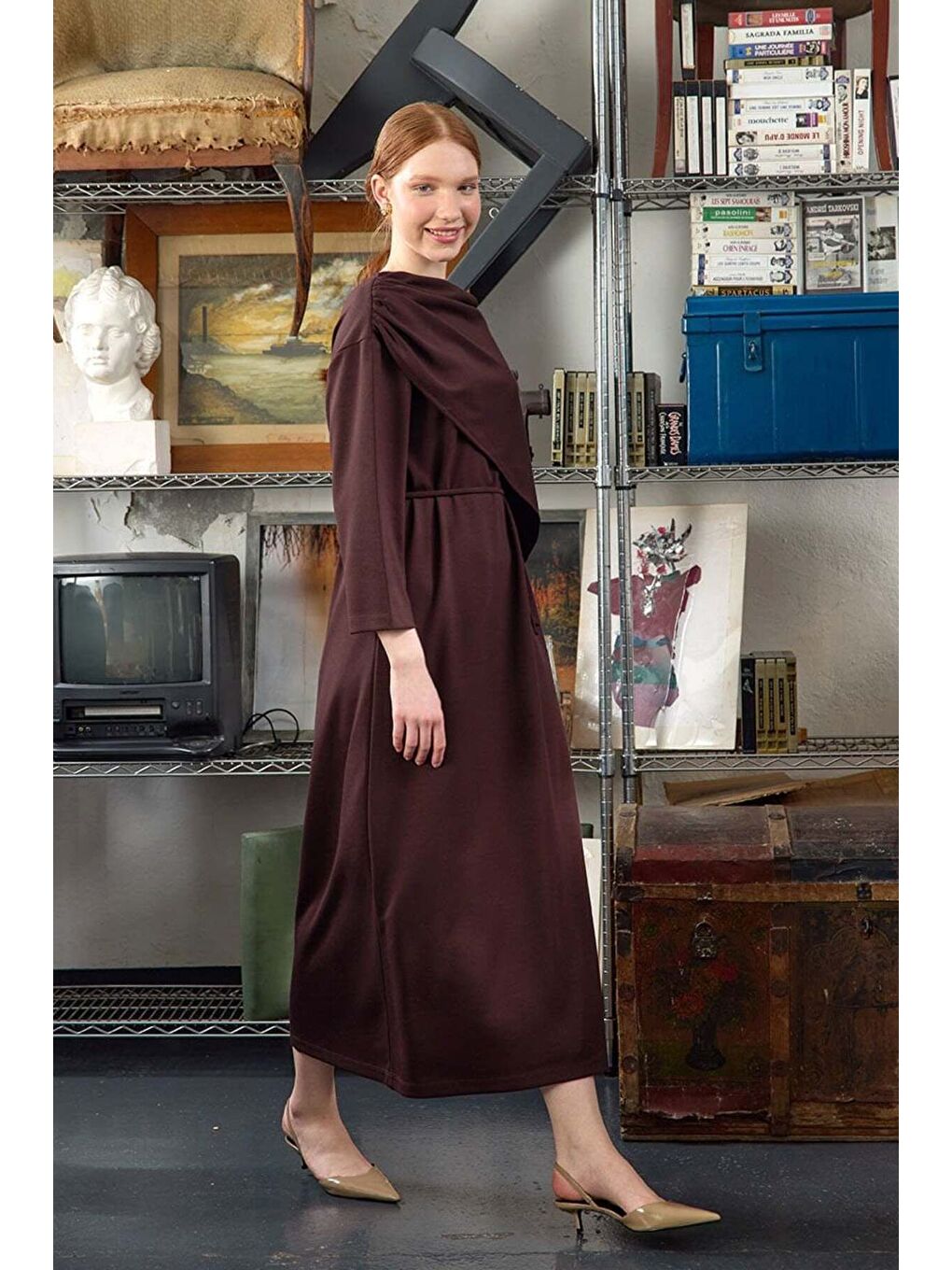 Kahverengi Acı Kahve Şal Yaka Elbise-2