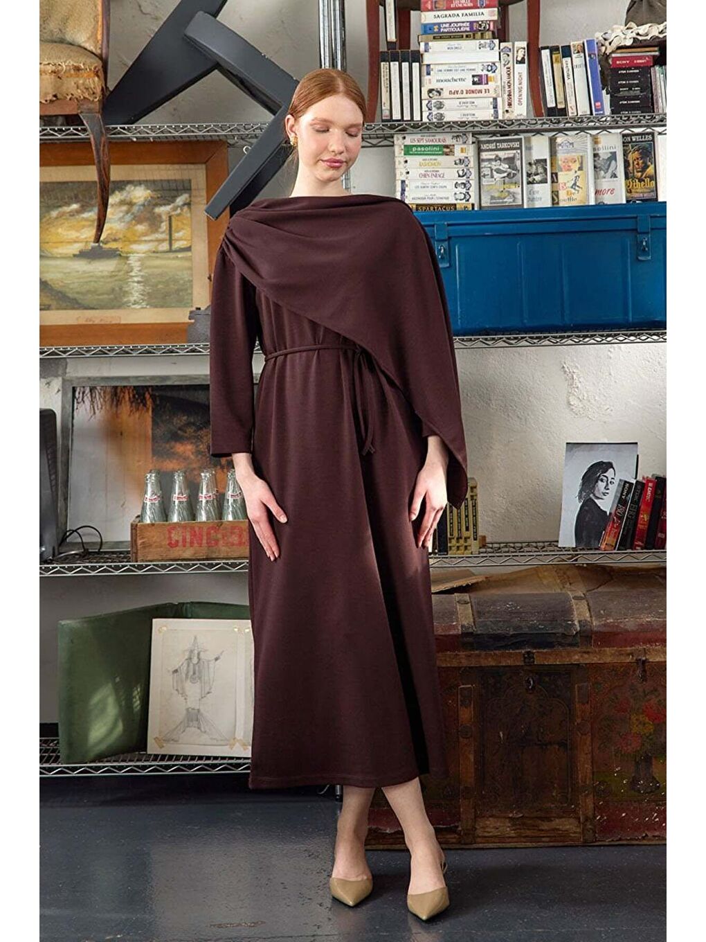 Kahverengi Acı Kahve Şal Yaka Elbise-3