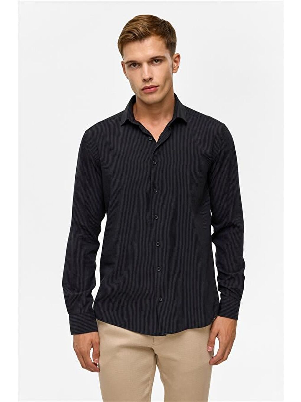 Siyah Slim Düz Klasik Yaka Gömlek-1