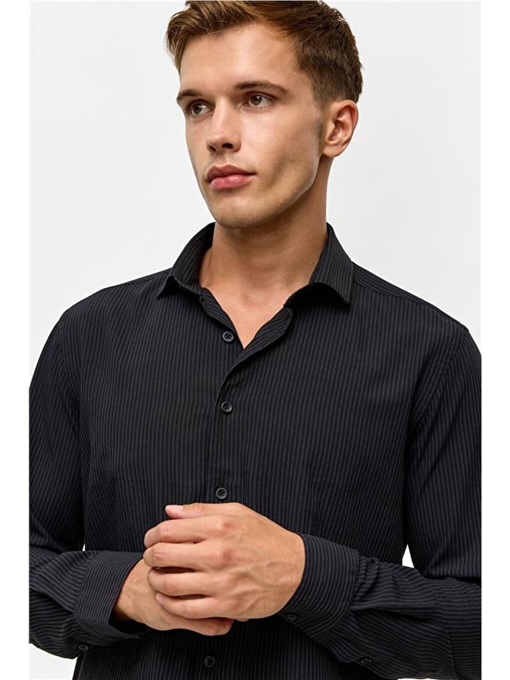 Siyah Slim Düz Klasik Yaka Gömlek-3