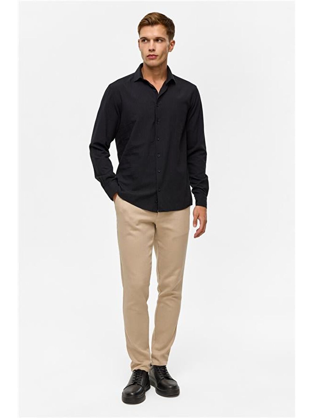 Siyah Slim Düz Klasik Yaka Gömlek-4