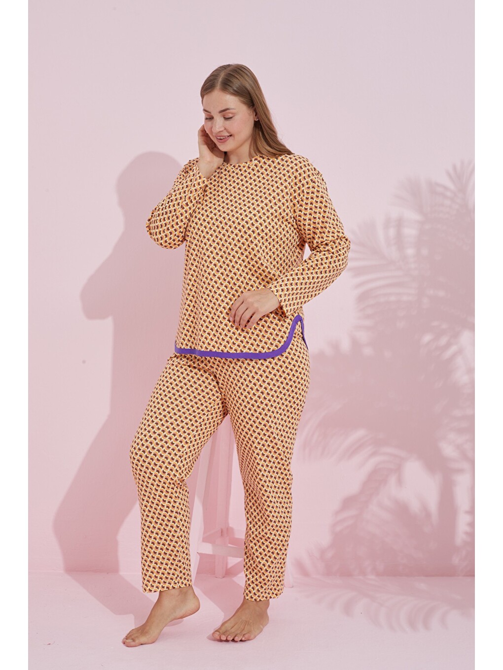 Karışık Biyeli Curve Büyük Beden Battal Boy Örme Pijama Takım 7778-1
