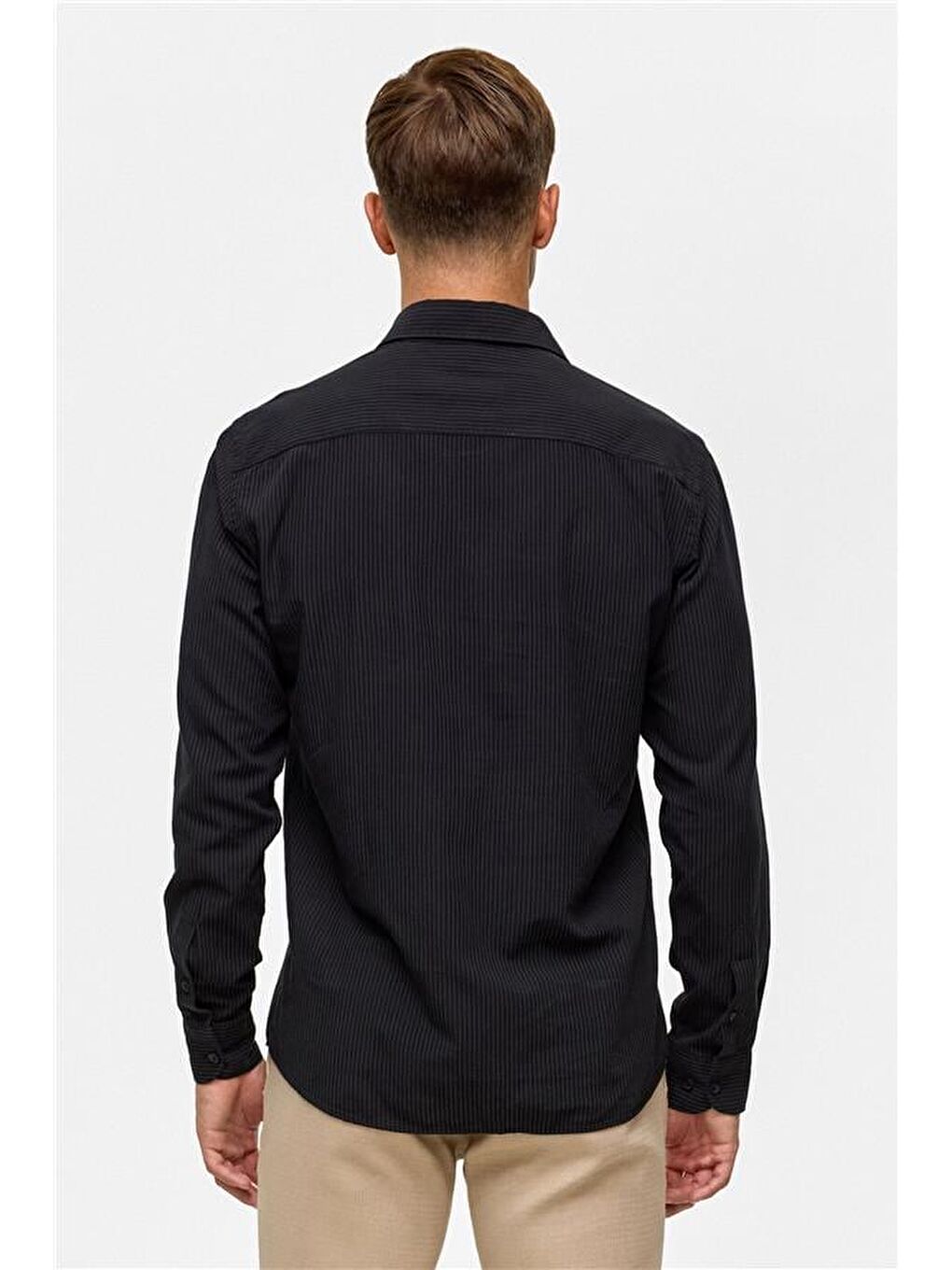 Siyah Slim Düz Klasik Yaka Gömlek-6