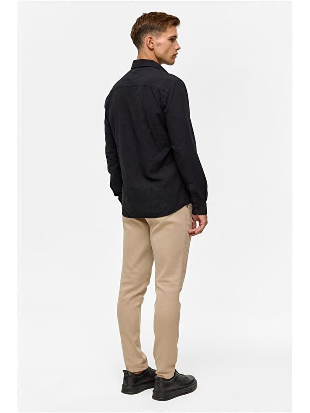 Siyah Slim Düz Klasik Yaka Gömlek-7