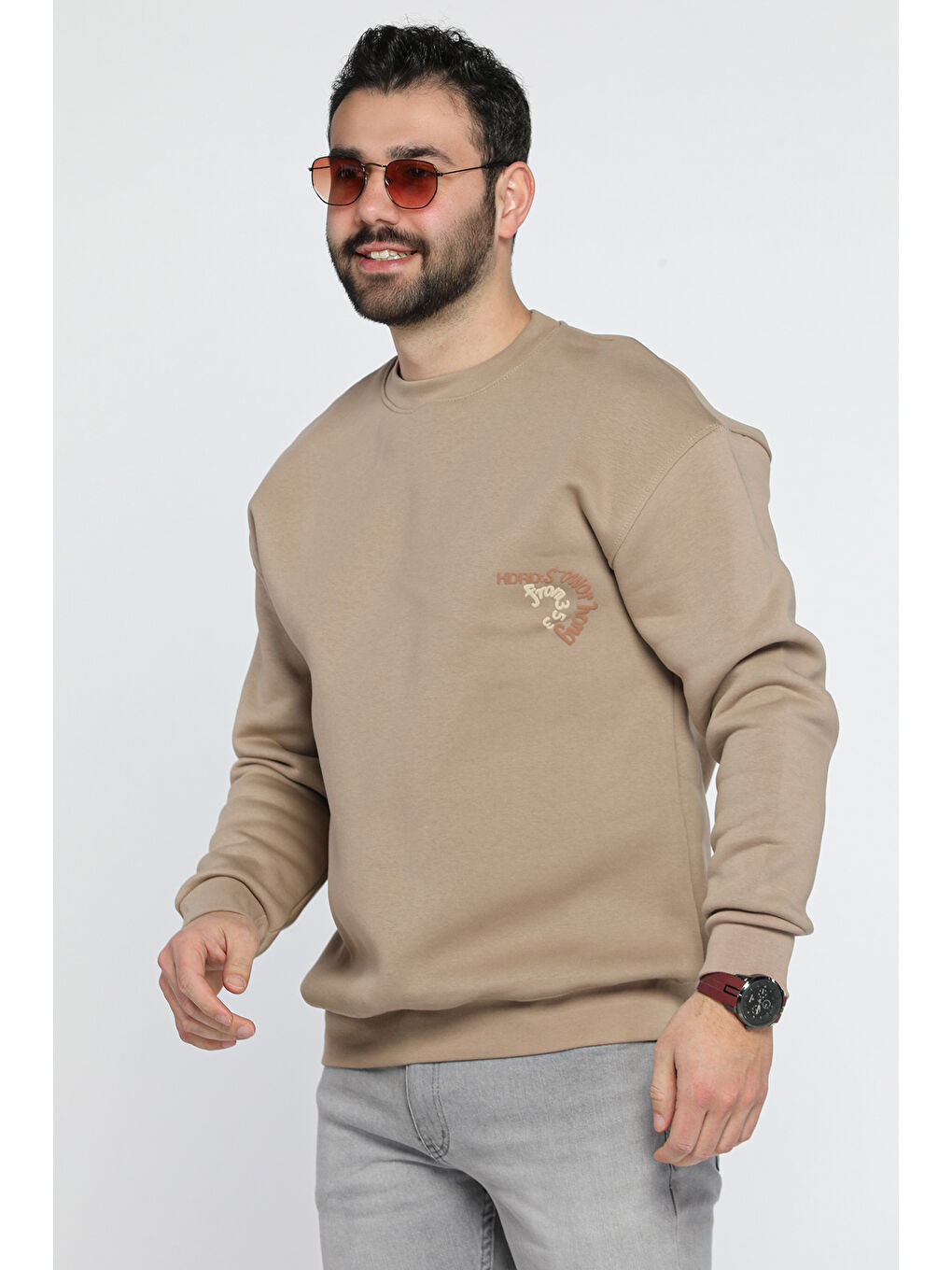 Mishar İtalia Bej Üç İplik Şardonlu Yazı Baskılı Erkek Sweatshirt - 1