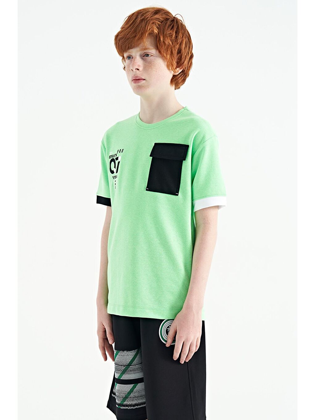 TOMMYLIFE Mat Yeşil Neon Yeşil O Yaka Oversize Cep Detaylı Erkek Çocuk T-Shirt - 11152 - 4