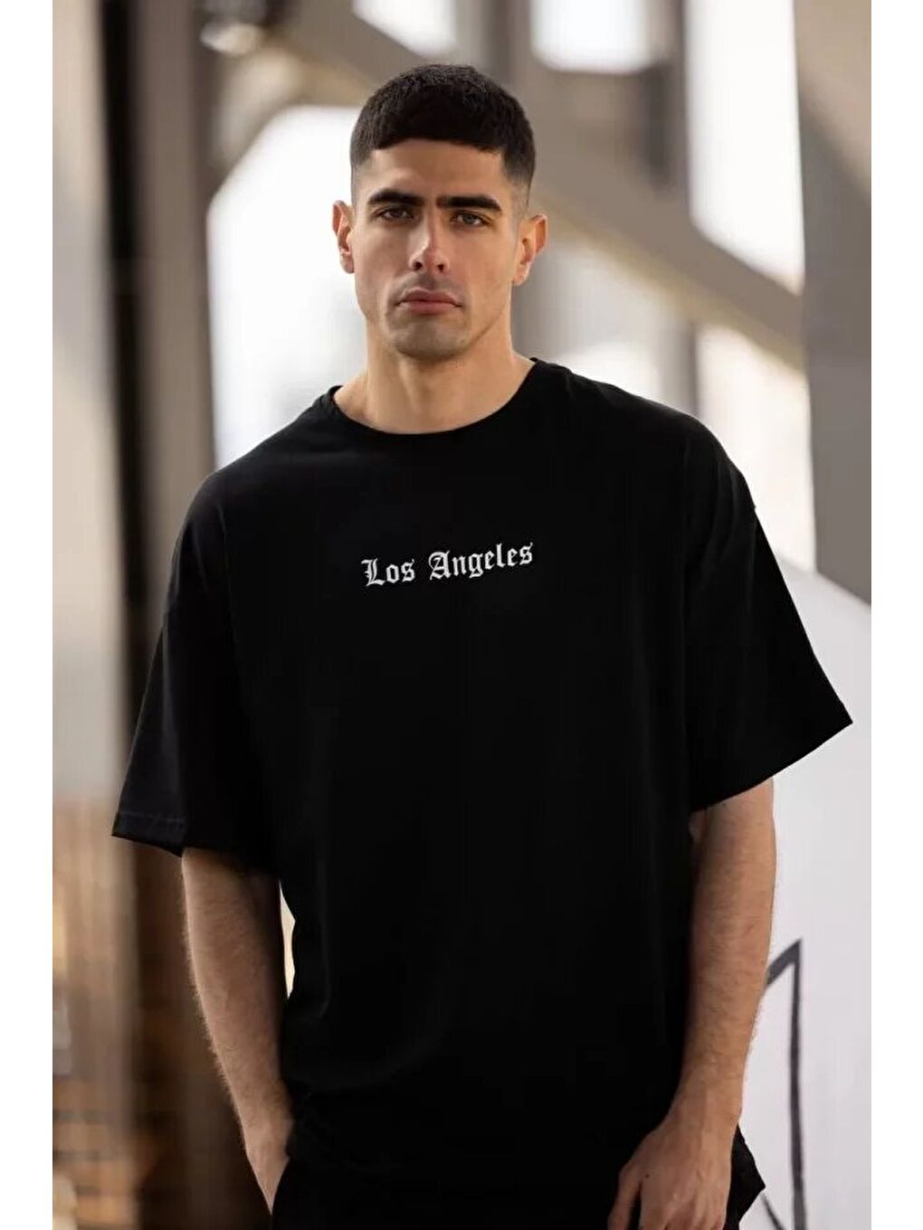 Unisex Bisiklet Yaka Baskılı Oversize T-Shirt - Siyah