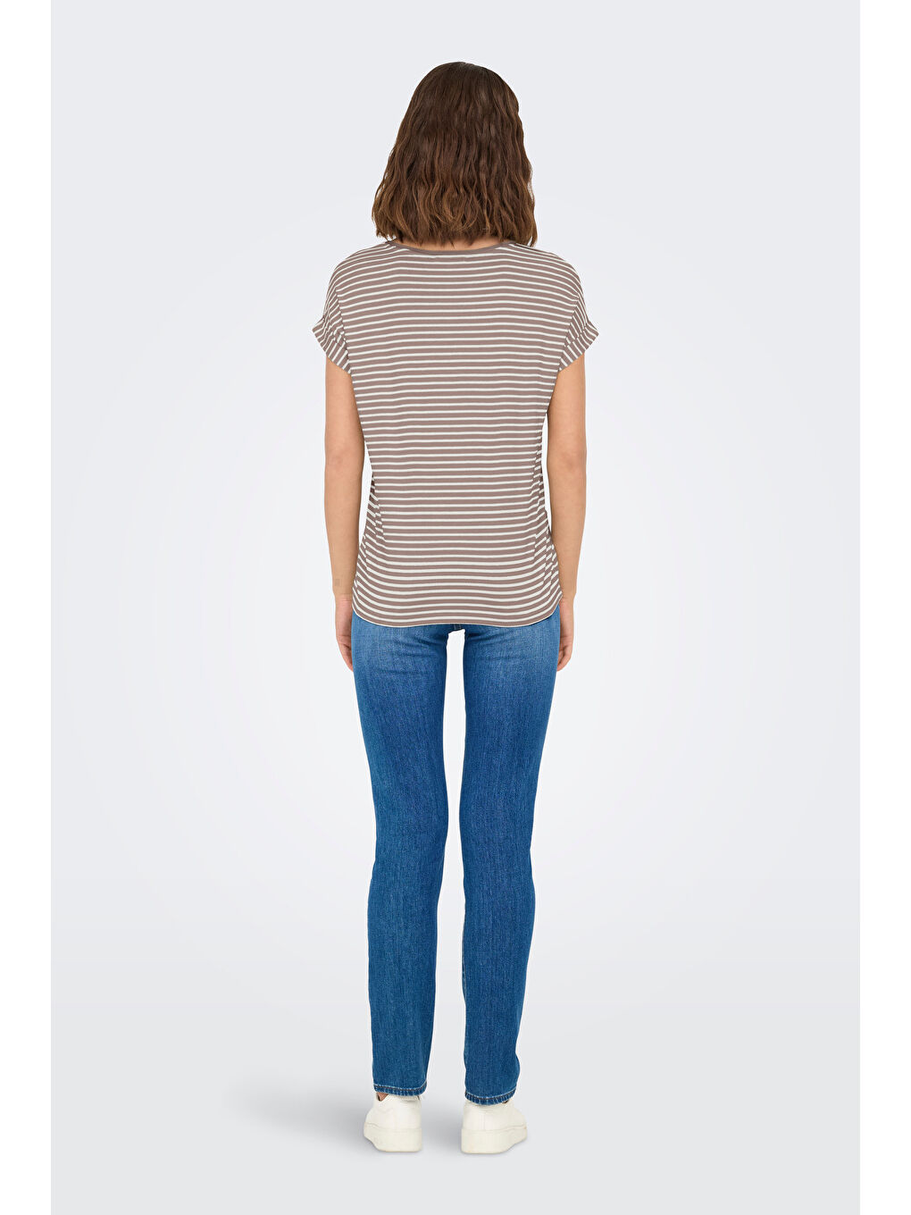 Kahverengi Onlmoster Streç Çizgili Regular Fit Bisiklet Yaka Kadın T Shirt 15206243-1