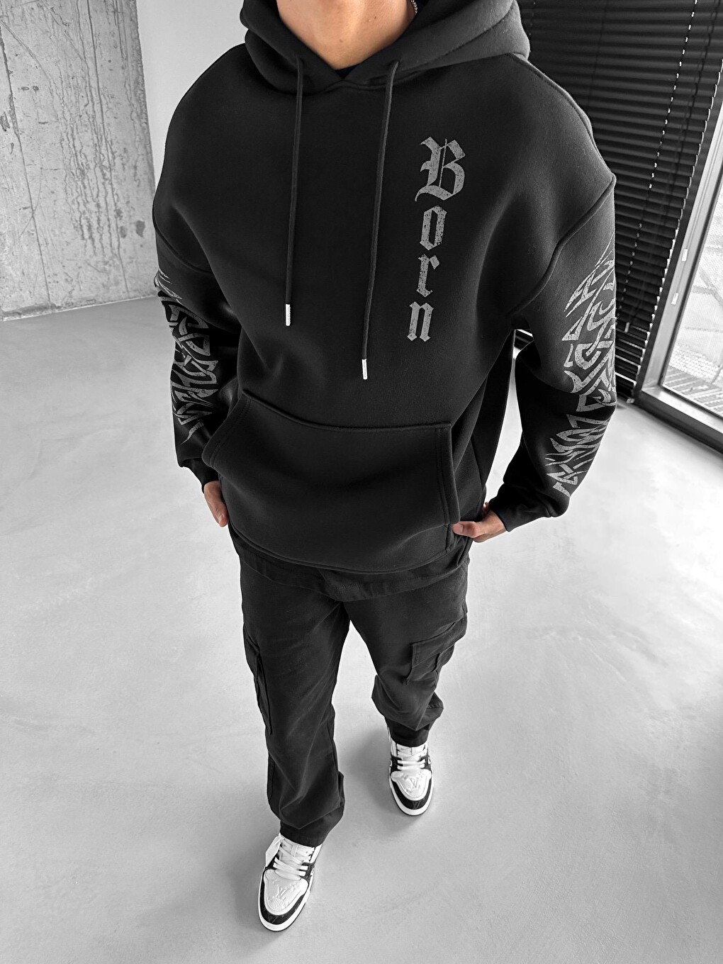 Erkek Oversize 'again' Baskılı Kapüşonlu Sweatshirt Siyah