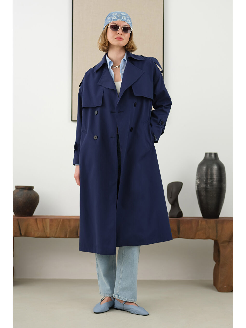 Uzun Klasik Trençkot Gece Mavi