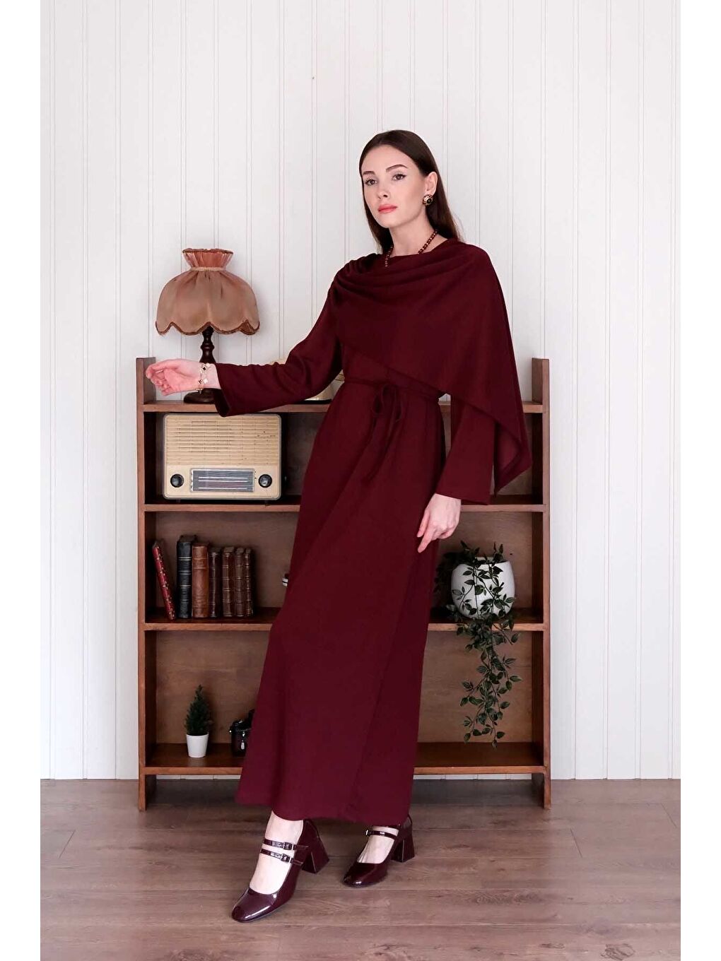 Ceylan Otantik Bordo Şal Yaka Elbise - 1