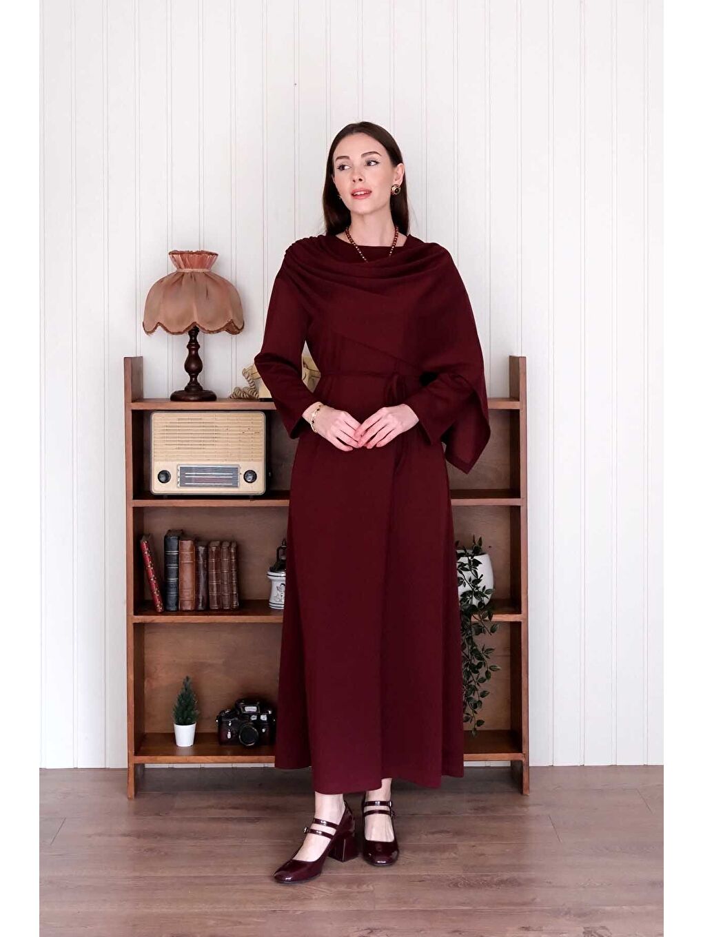 Ceylan Otantik Bordo Şal Yaka Elbise - 3
