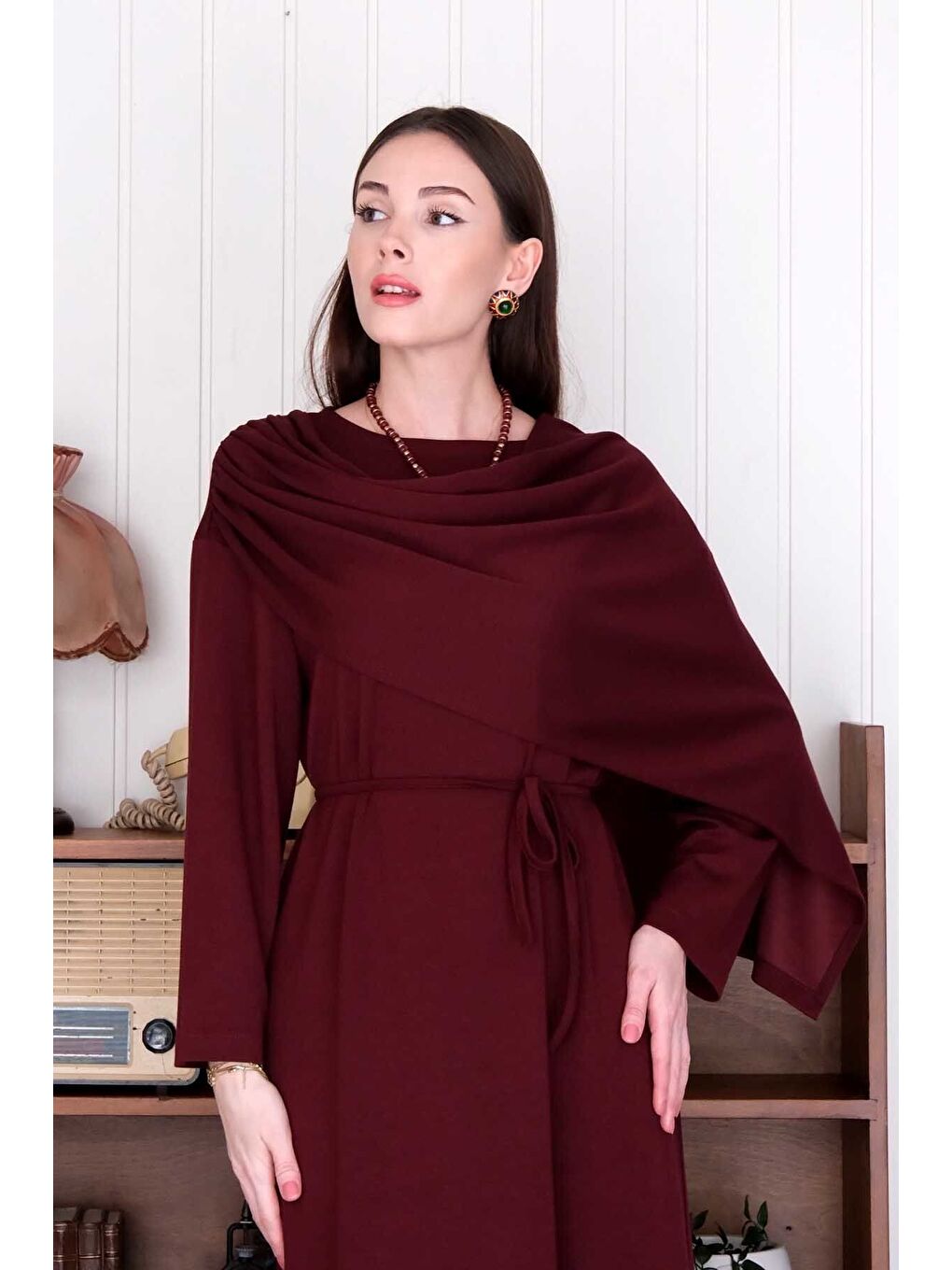 Ceylan Otantik Bordo Şal Yaka Elbise - 4