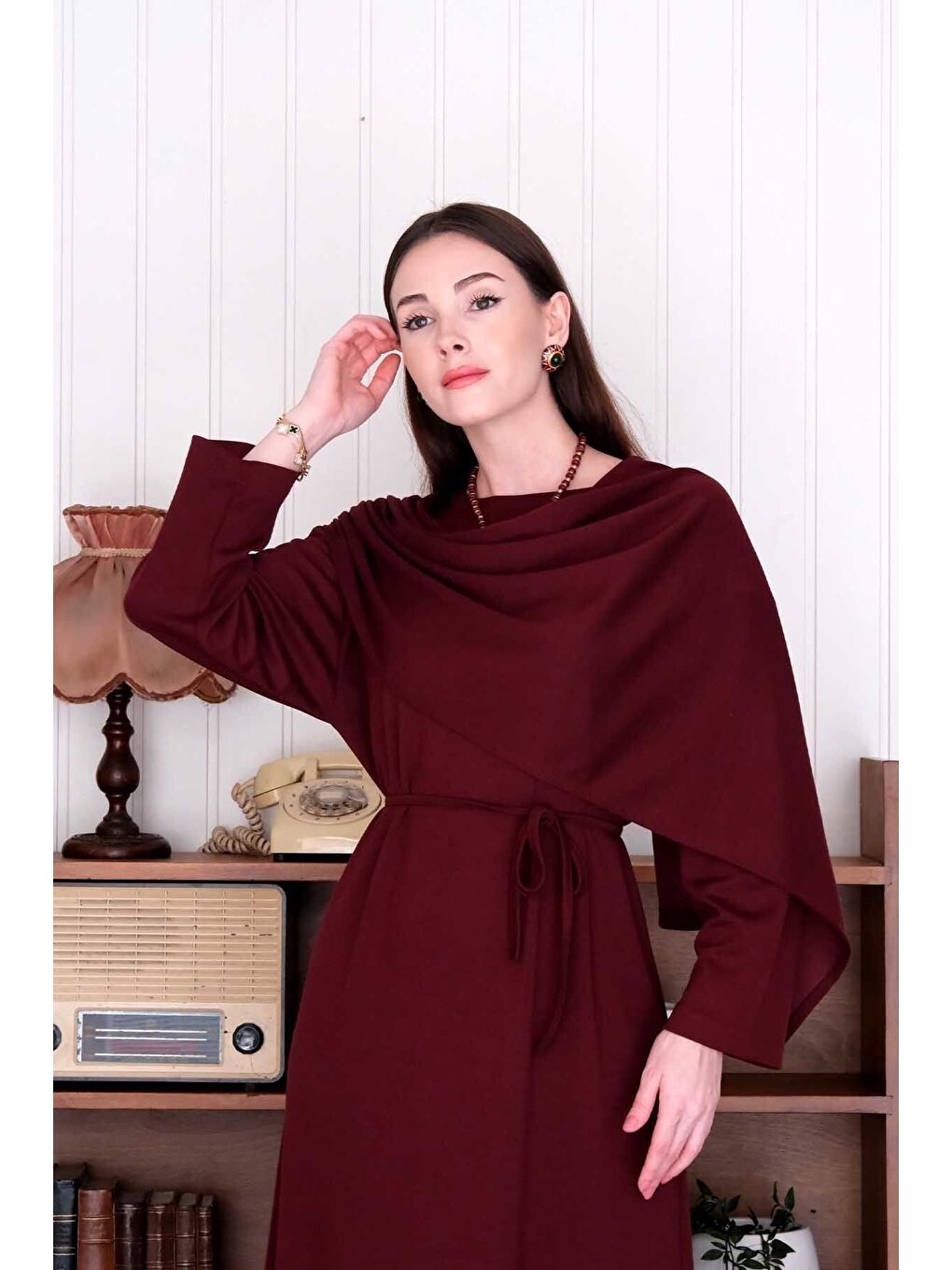 Ceylan Otantik Bordo Şal Yaka Elbise - 5