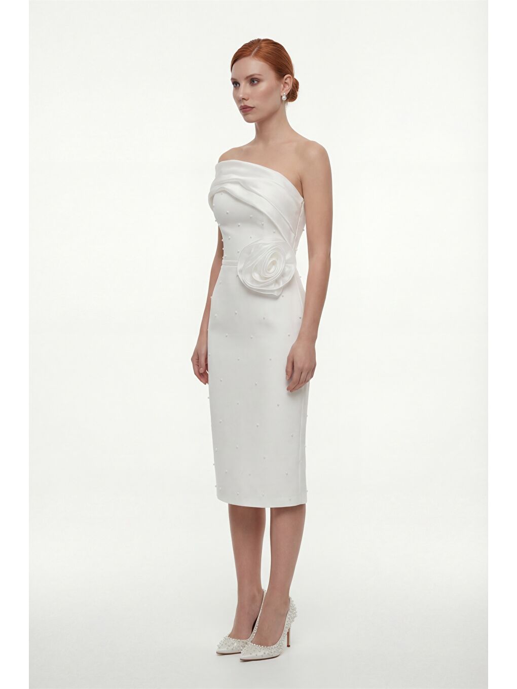 Kadın Beyaz Kayık Yaka İncili Söz Nişan Nikah Abiye Elbise-1