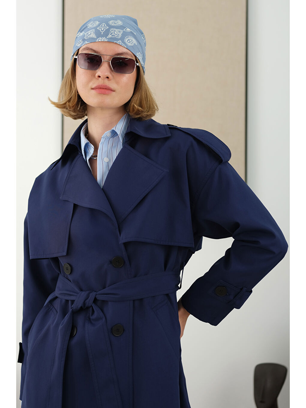 Uzun Klasik Trençkot Gece Mavi-2