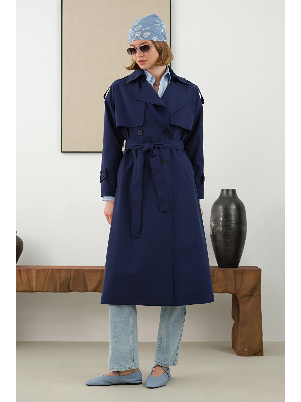 Uzun Klasik Trençkot Gece Mavi-3