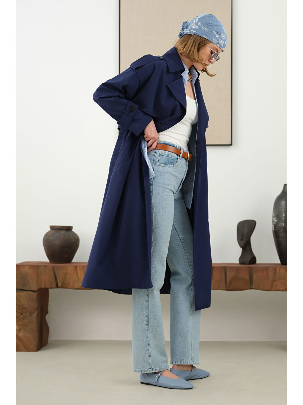 Uzun Klasik Trençkot Gece Mavi-4