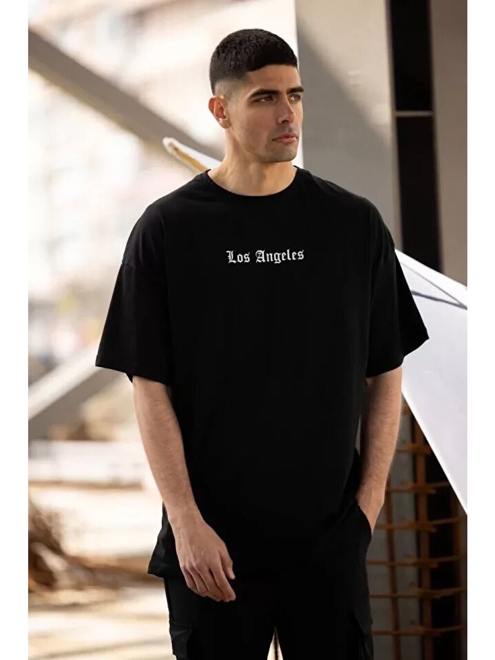 Unisex Bisiklet Yaka Baskılı Oversize T-Shirt - Siyah-1