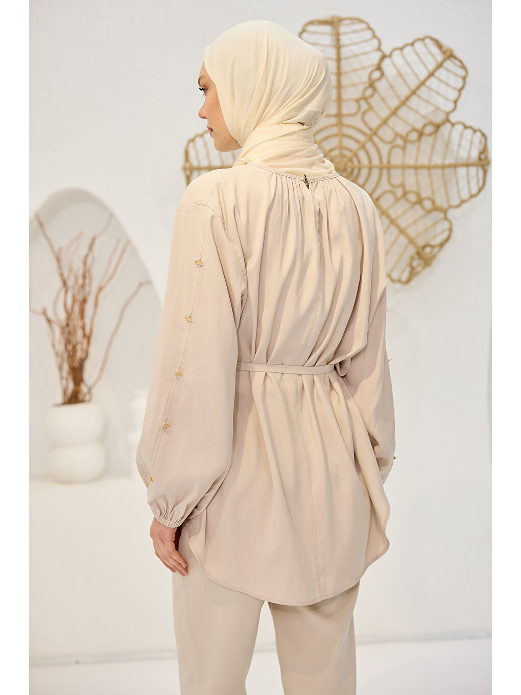 Locco Moda Ekru Kadın Bisiklet Yaka Gold Düğme Detaylı Bluz Krem - 4