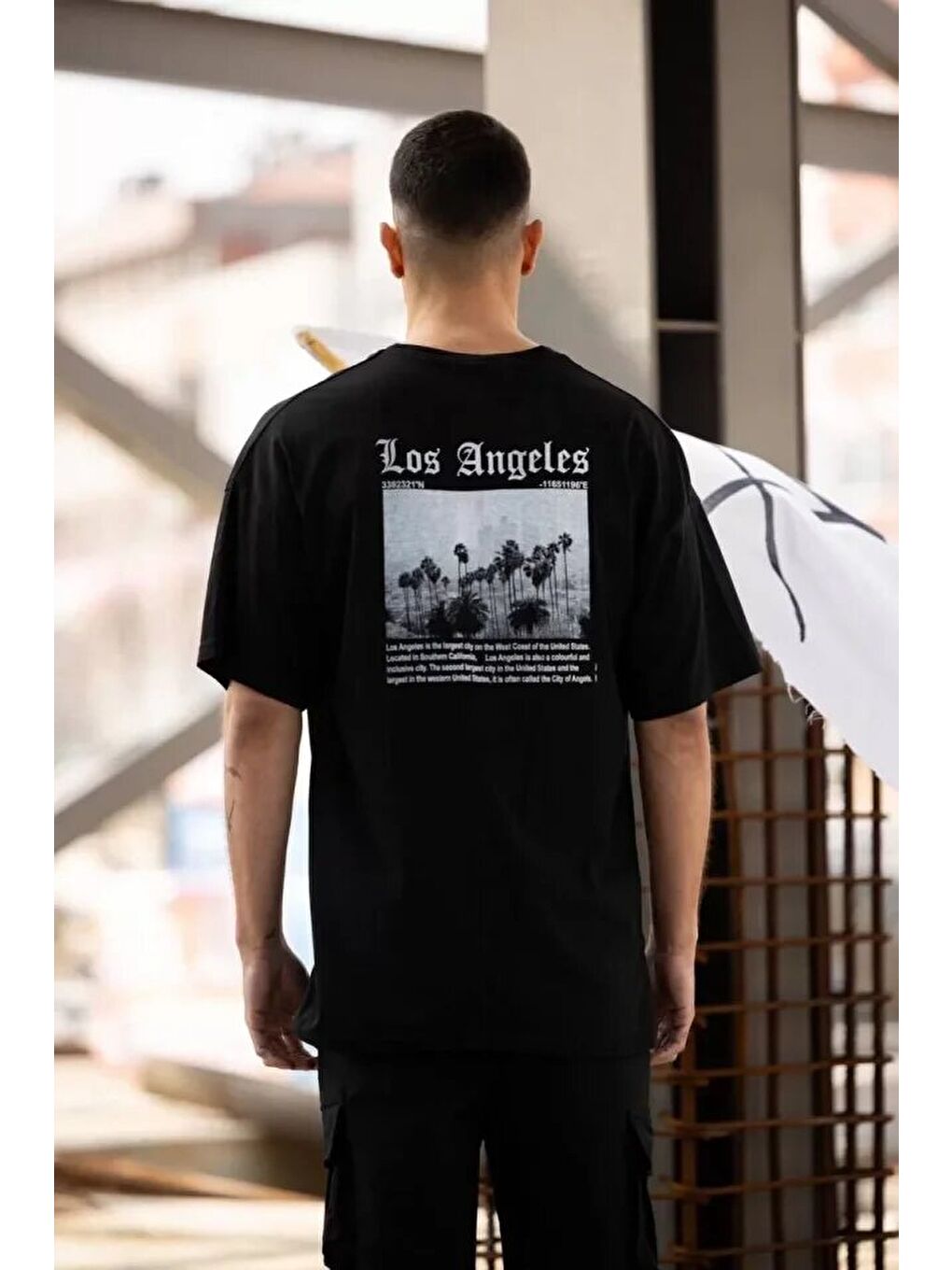 Unisex Bisiklet Yaka Baskılı Oversize T-Shirt - Siyah-2