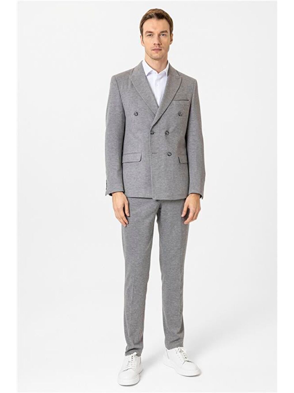 Gri Slim Desenli Kruvaze Yaka 6 Drop Takım Elbise