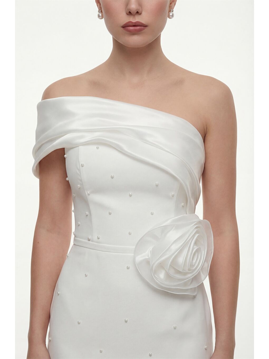 Kadın Beyaz Kayık Yaka İncili Söz Nişan Nikah Abiye Elbise-2